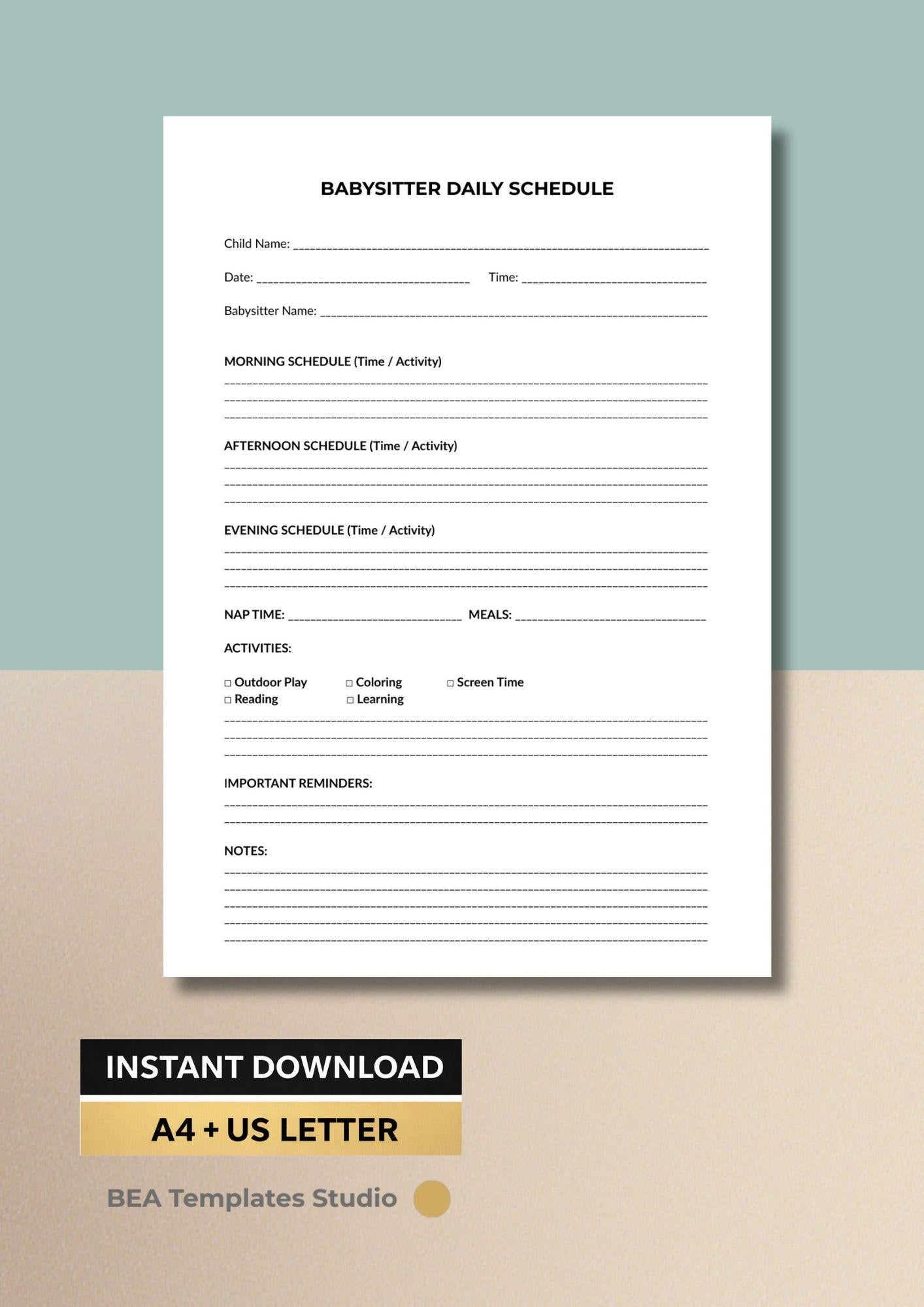 Babysitter Daily Schedule Printable, Child Routine Planner (A4/US Letter PDF)