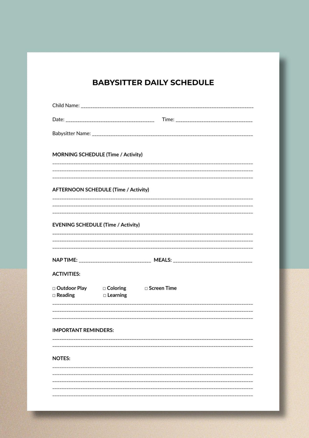 Babysitter Daily Schedule Printable, Child Routine Planner (A4/US Letter PDF)
