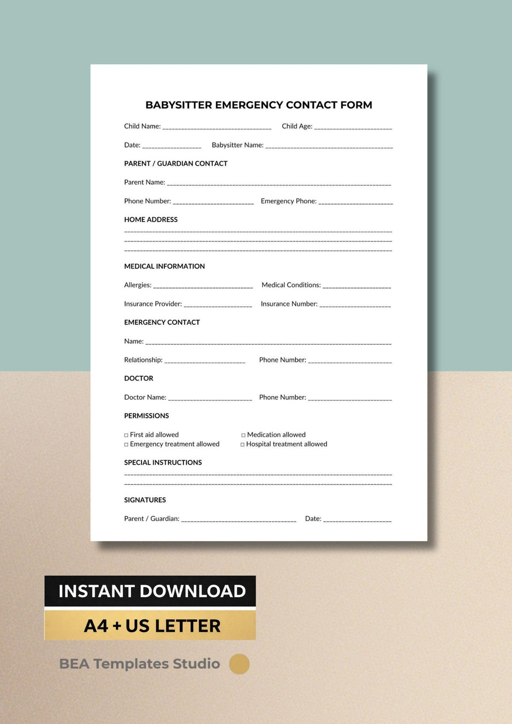 Babysitter Emergency Contact Form, Child Medical Sheet (Printable PDF)