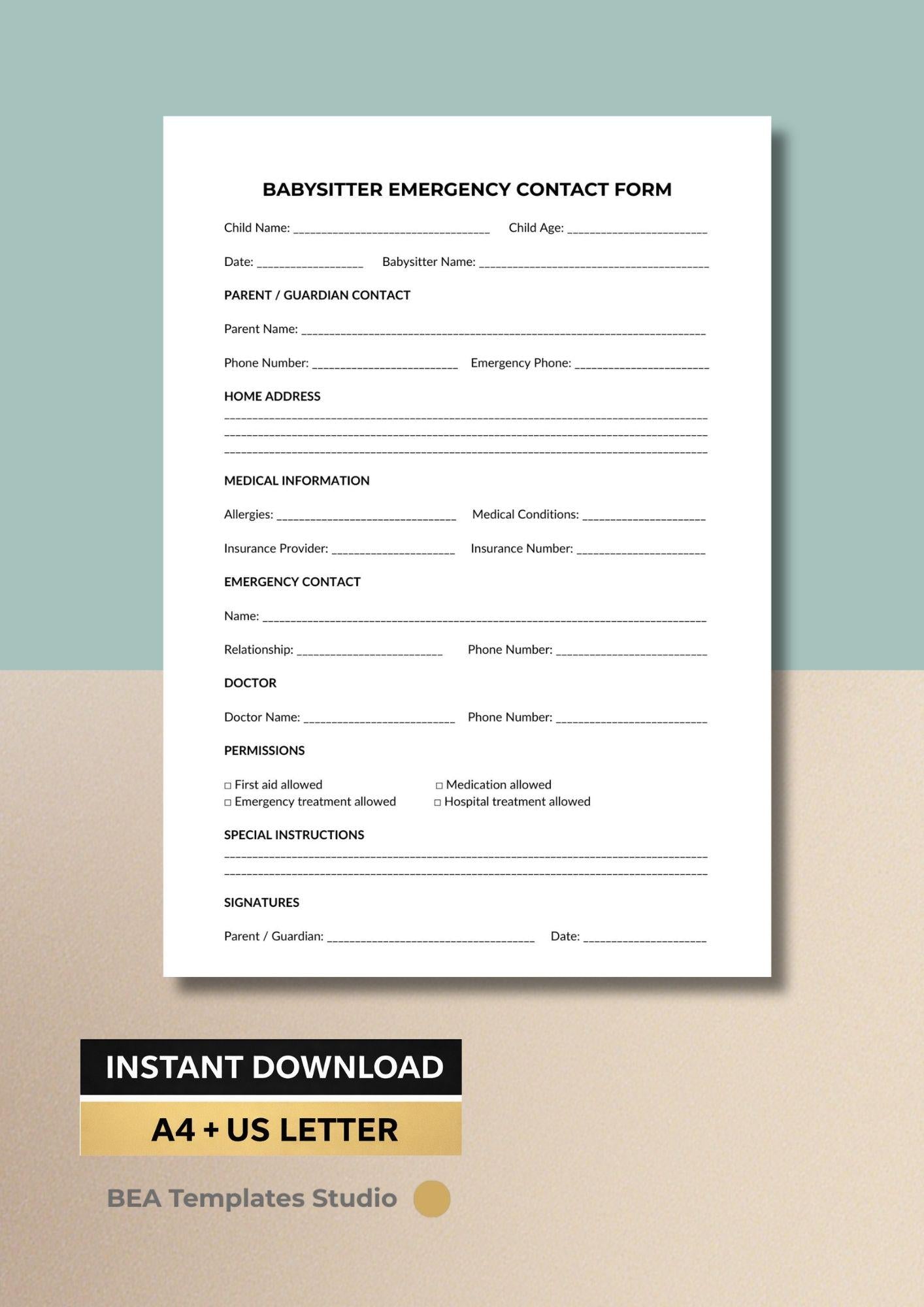 Babysitter Emergency Contact Form, Child Medical Sheet (Printable PDF)