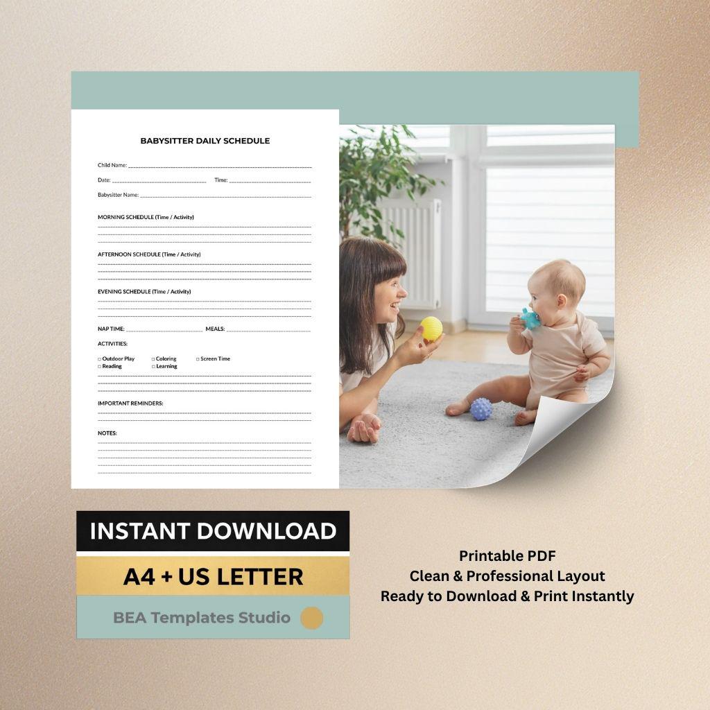 Babysitter Daily Schedule Printable, Child Routine Planner (A4/US Letter PDF)