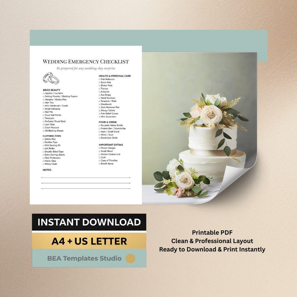 Wedding Emergency Checklist, Bridal Day Essentials List, Bride Emergency Planner