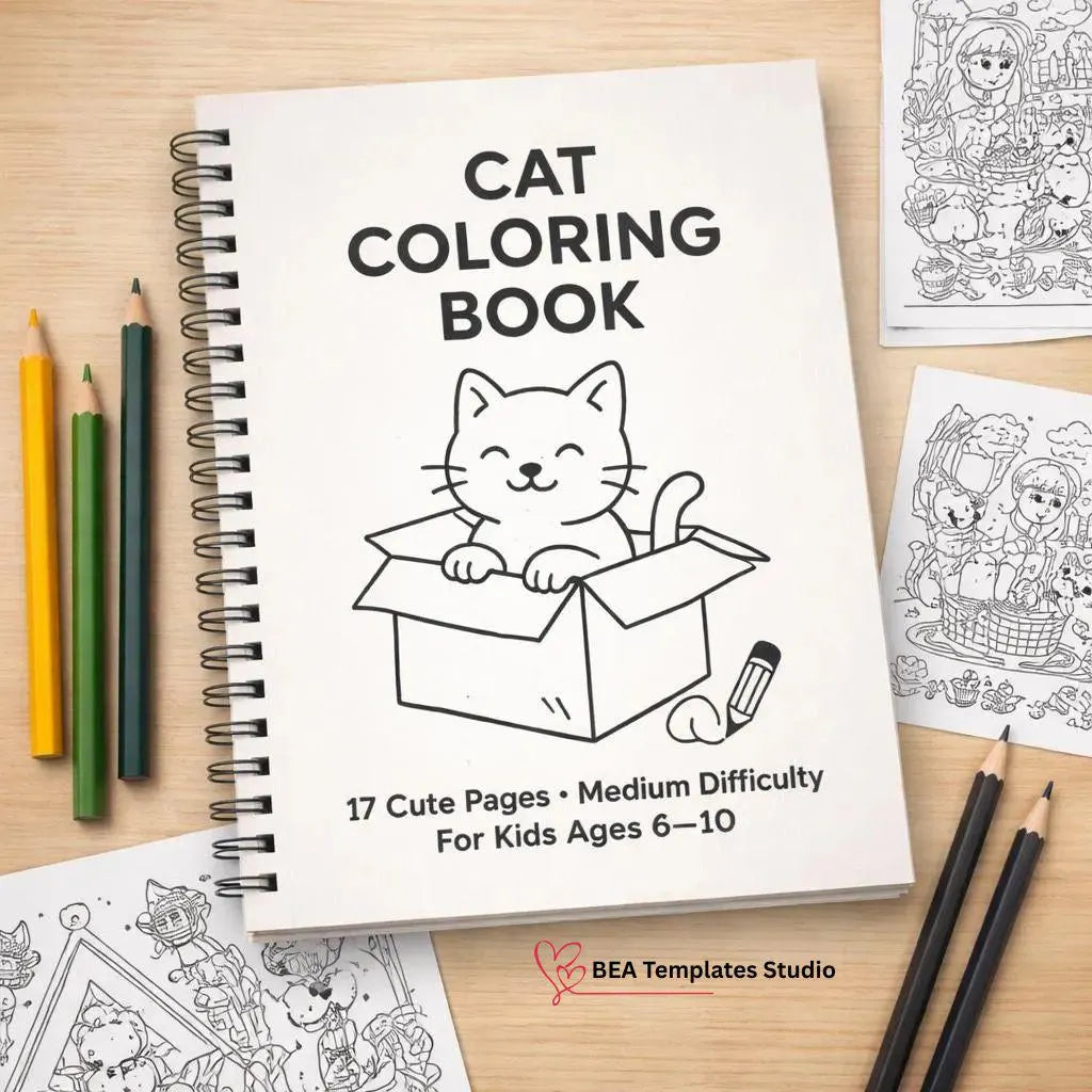 Cat Coloring Book for Kids Ages 6-10, Medium Difficulty Pages (PDF Download)