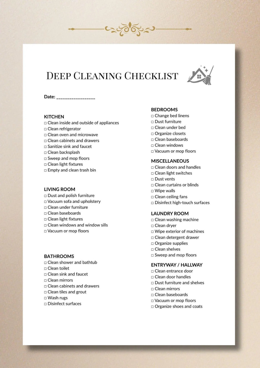 Deep Cleaning Checklist, House Cleaning Schedule, Home Organizer Planner A4 US Letter