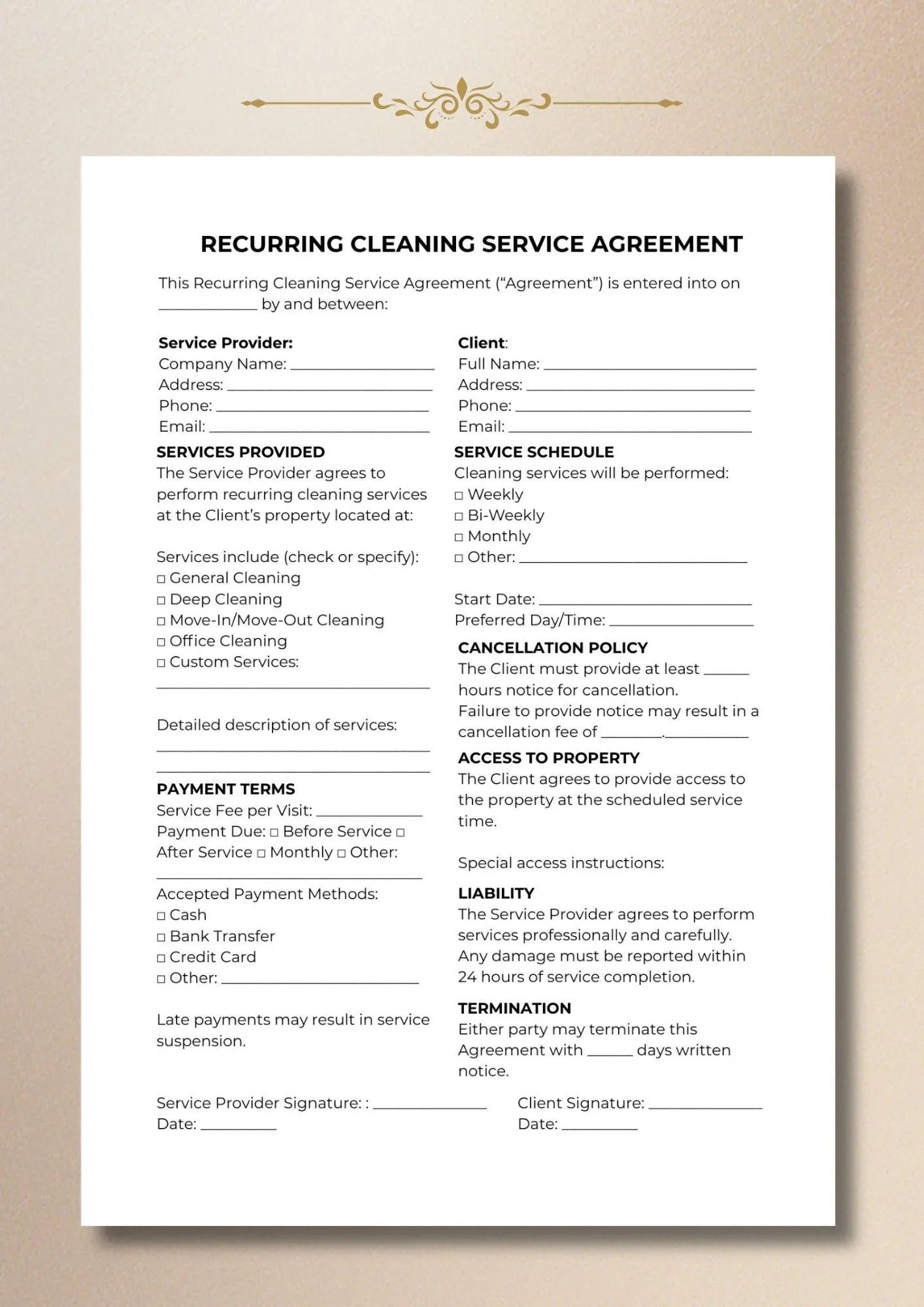 Recurring Cleaning Contract, Service Agreement Template, House & Office Cleaning, Printable PDF