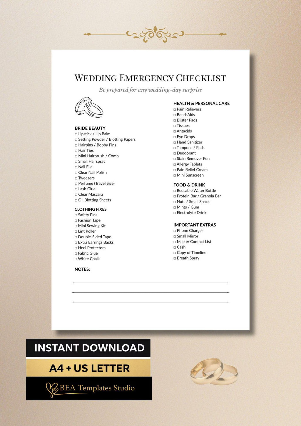 Wedding Emergency Checklist, Bridal Day Essentials List, Bride Emergency Planner