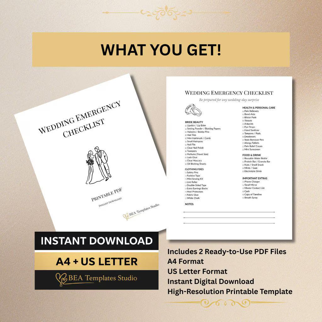 Wedding Emergency Checklist, Bridal Day Essentials List, Bride Emergency Planner