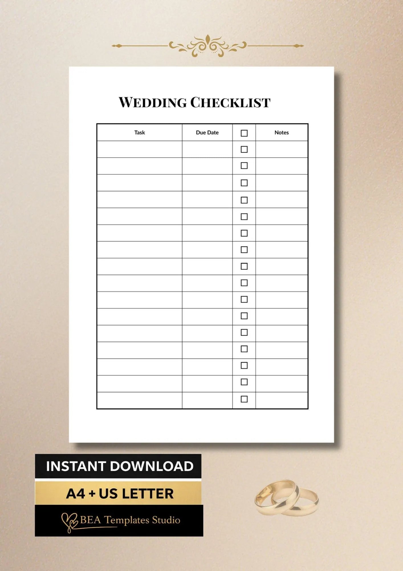 Wedding Checklist, Bridal Planner, Wedding Organizer, Printable PDF A4 US Letter