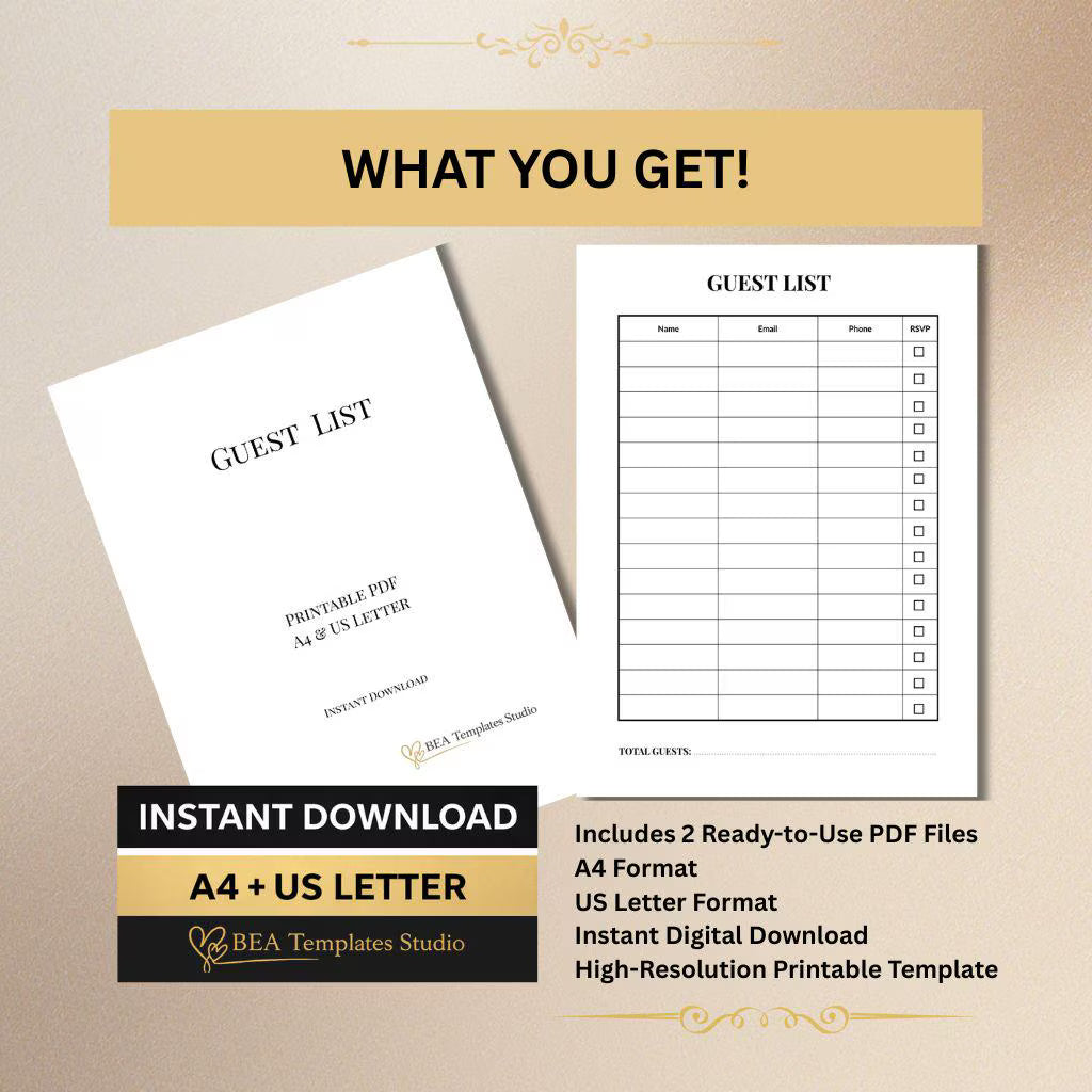 Wedding Guest List, Bridal RSVP Tracker, Guest Organizer Template A4 US Letter