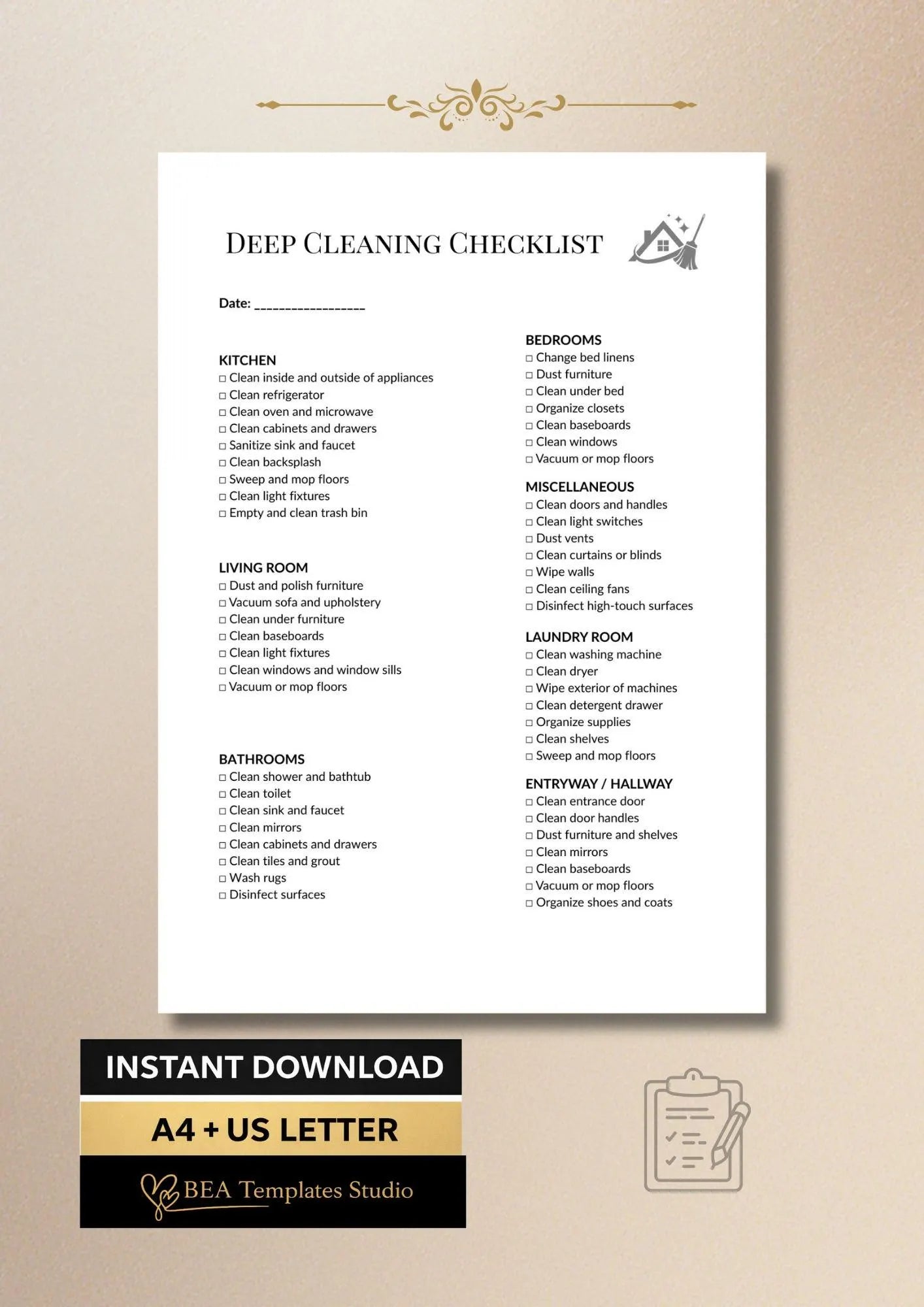 Deep Cleaning Checklist, House Cleaning Schedule, Home Organizer Planner A4 US Letter