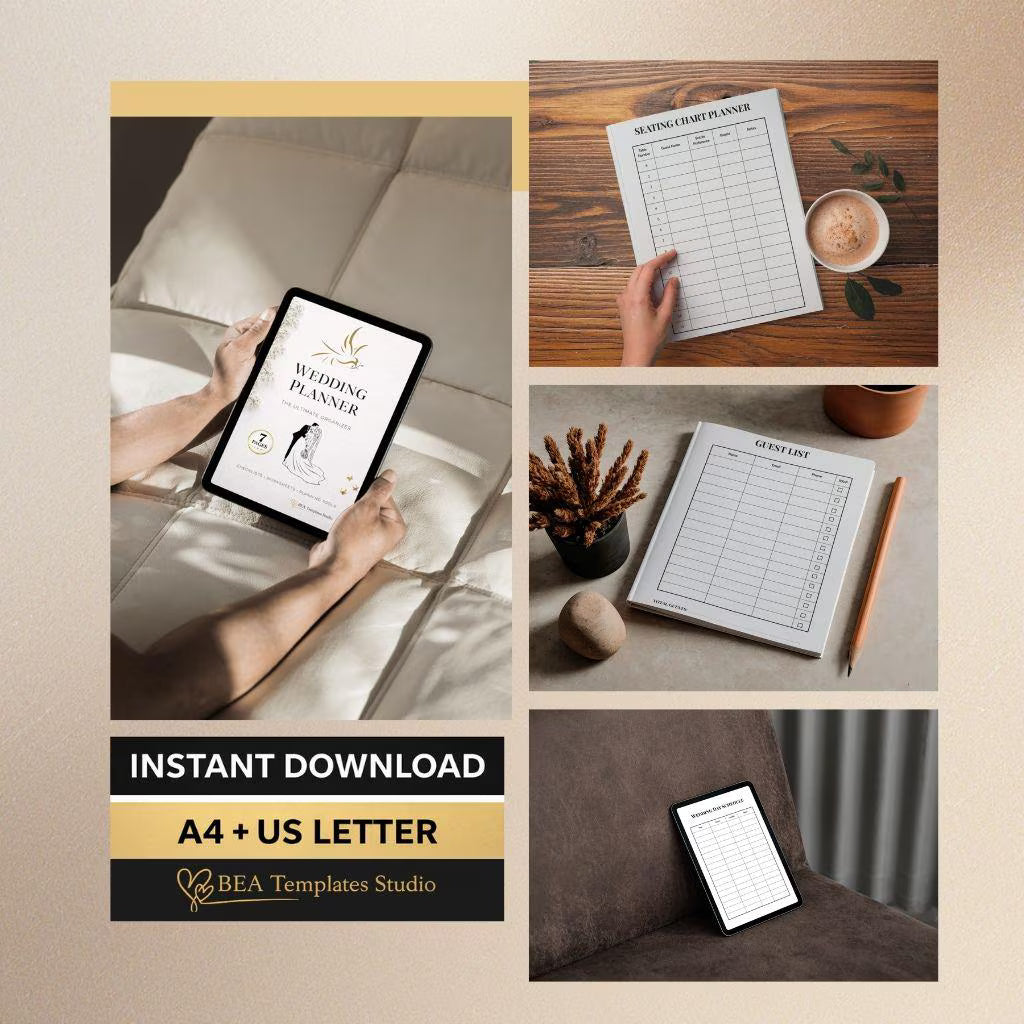 Wedding Planner Bundle, 7 Page Bridal Organizer, Checklist Budget Guest List Template A4 US Letter