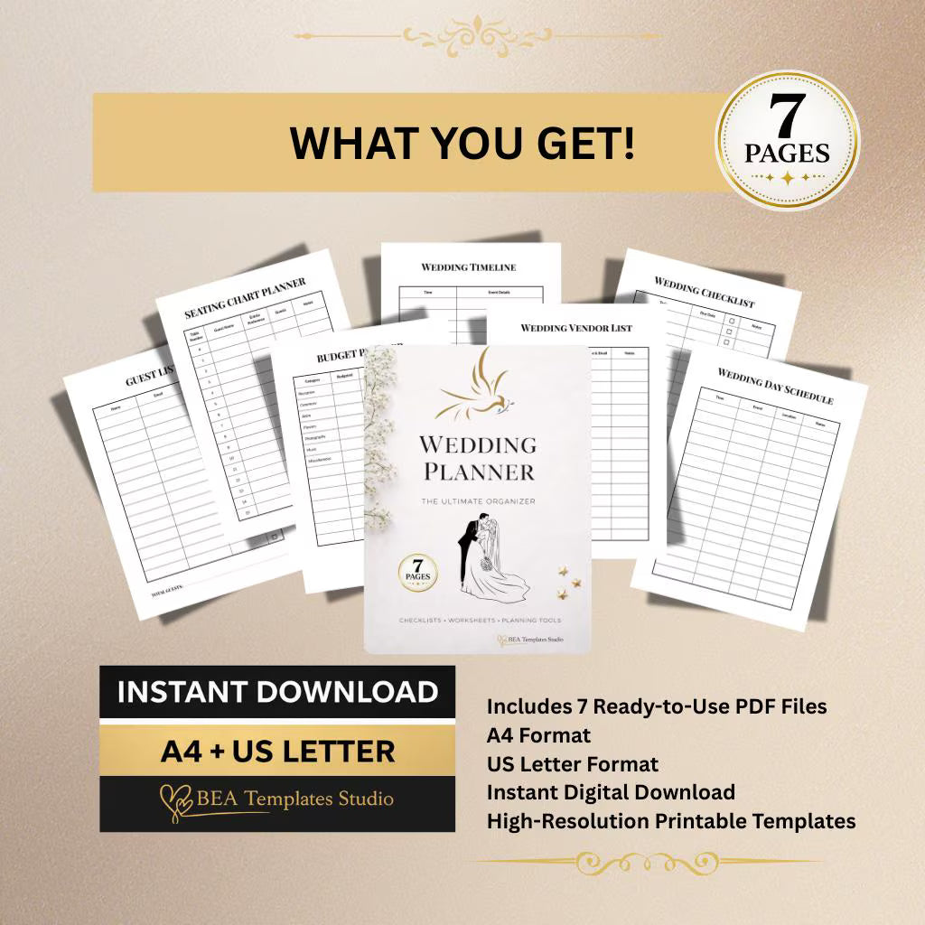 Wedding Planner Bundle, 7 Page Bridal Organizer, Checklist Budget Guest List Template A4 US Letter