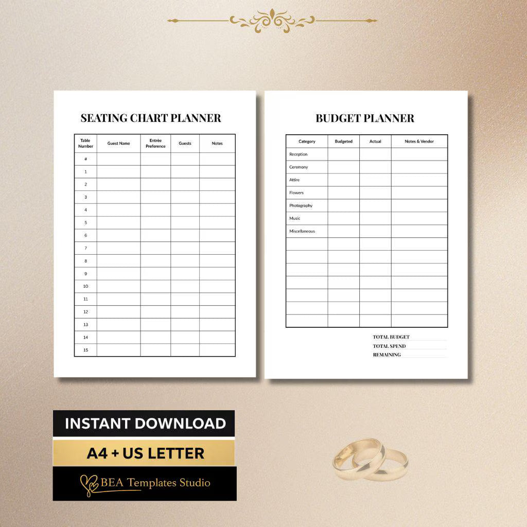 Wedding Planner Bundle, 7 Page Bridal Organizer, Checklist Budget Guest List Template A4 US Letter