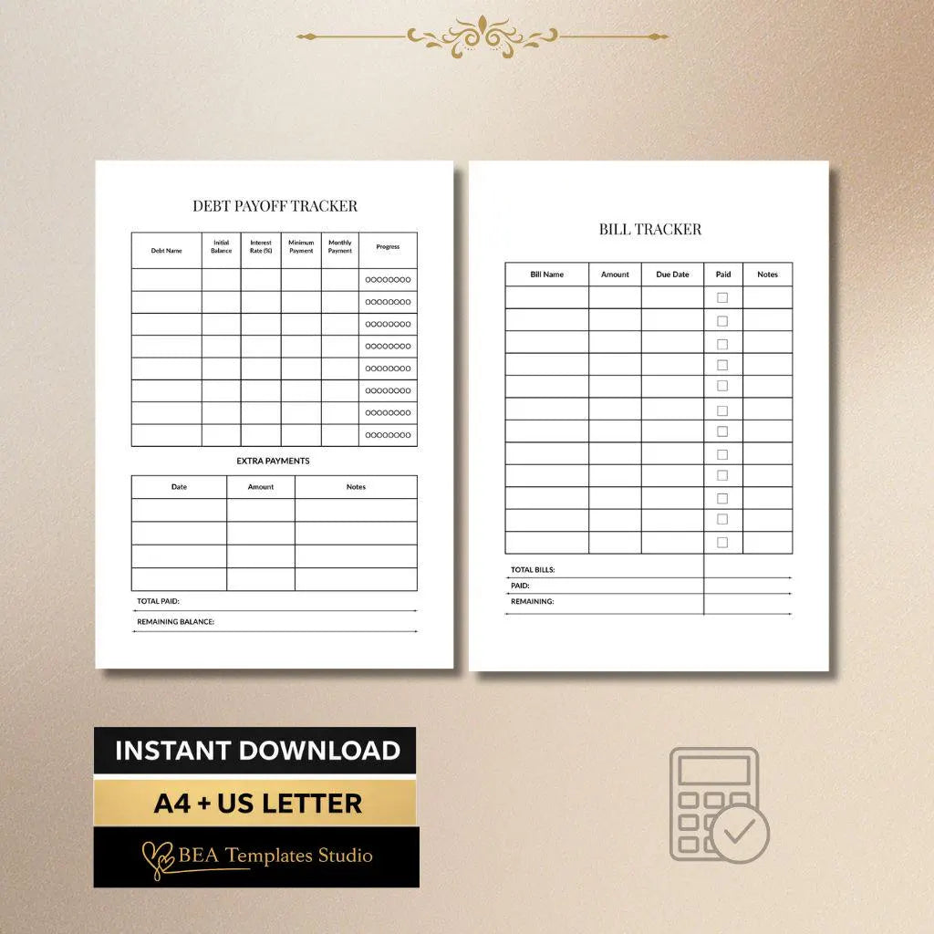 Budget Planner Bundle, Money Tracker, Expense Bill Debt Tracker 6 Pages A4 US Letter