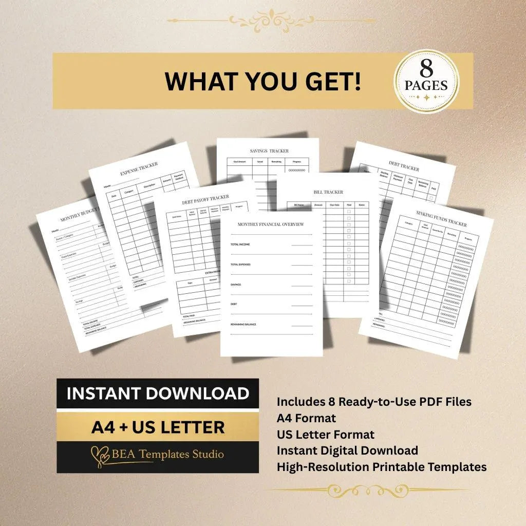 Budget Planner Bundle, Money Tracker, Expense Bill Debt Tracker 6 Pages A4 US Letter