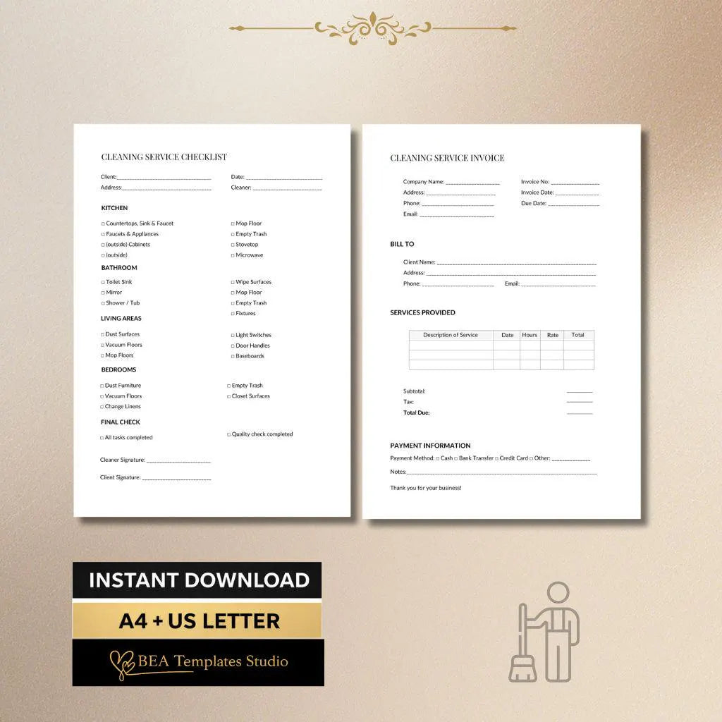 Cleaning Business Bundle Invoice Quote Client Intake Checklist Work Order Forms A4 US Letter