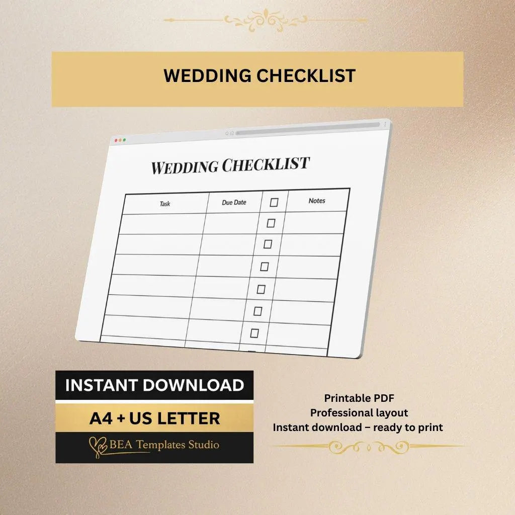 Wedding Checklist, Bridal Planner, Wedding Organizer, Printable PDF A4 US Letter