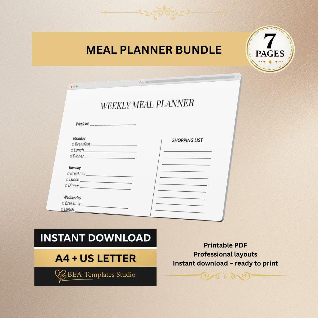 Weekly Monthly Meal Planner Bundle: Kitchen Food Tracker (A4 US Letter)