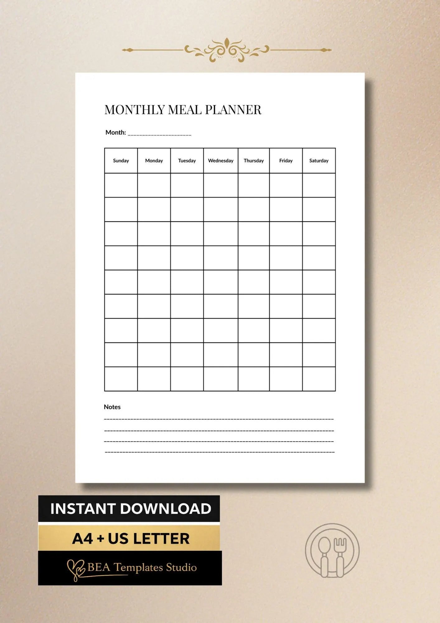 Monthly Meal Planner, Food Calendar, Kitchen Meal Organizer A4 US Letter