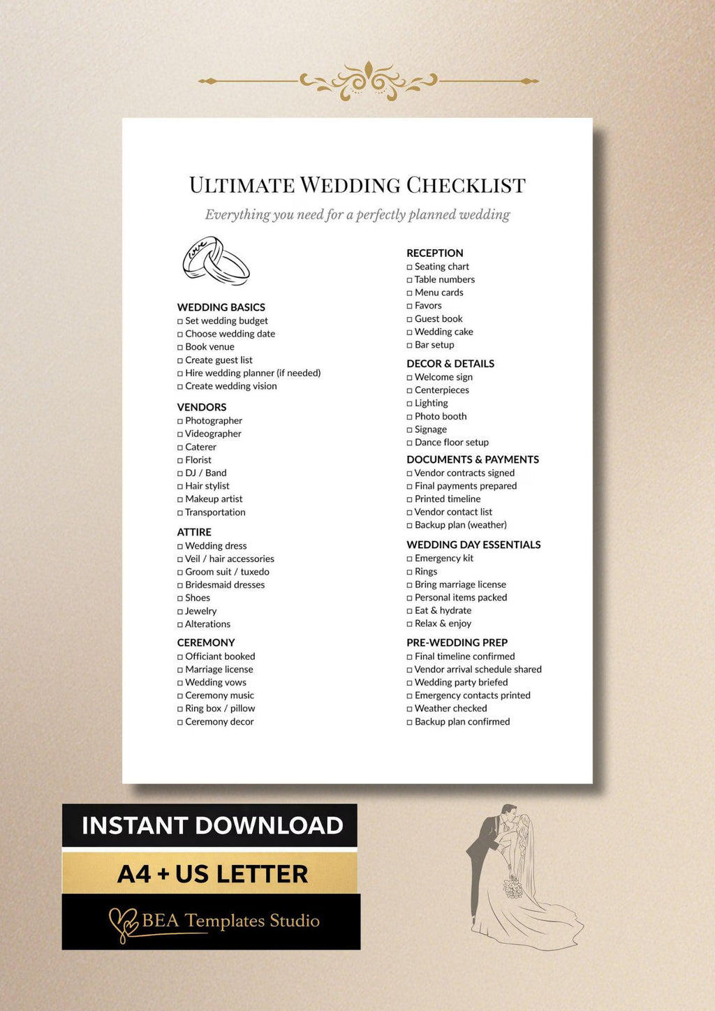 Wedding Checklist Printable, Bridal Planner Organizer, Wedding Planning Template A4 US Letter