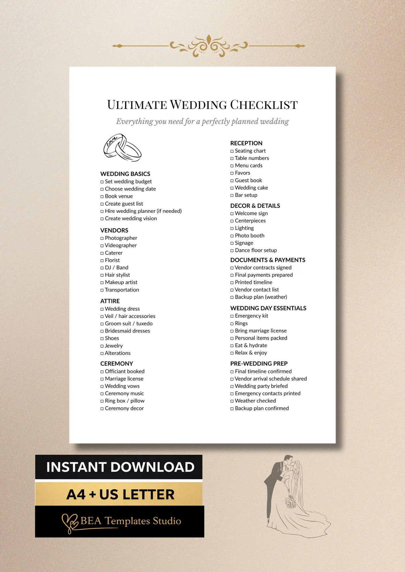Wedding Checklist Printable, Bridal Planner Organizer, Wedding Planning Template A4 US Letter