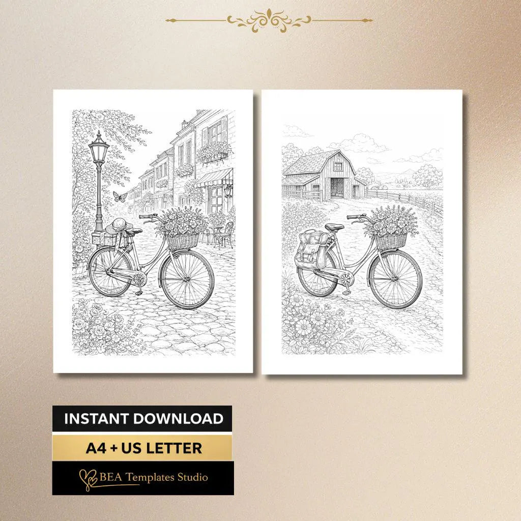 Vintage Bicycle Coloring Pages Printable PDF 6 Bike Designs for Adults A4 US Letter