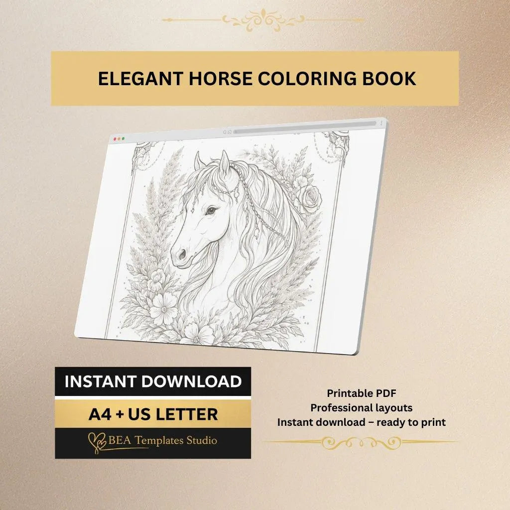 Floral Horse Coloring Pages Printable PDF 6 Elegant Designs for Adults A4 US Letter