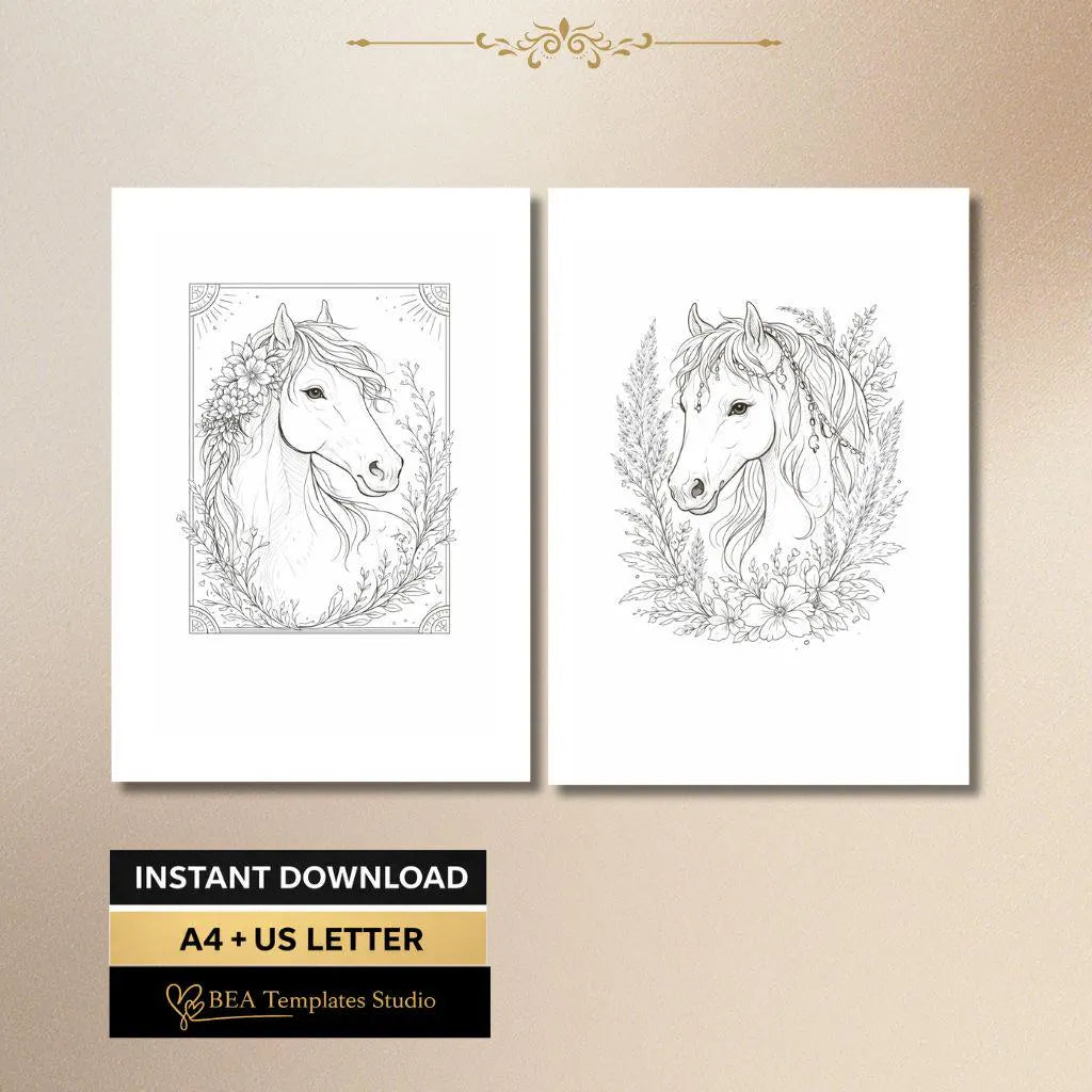 Floral Horse Coloring Pages Printable PDF 6 Elegant Designs for Adults A4 US Letter