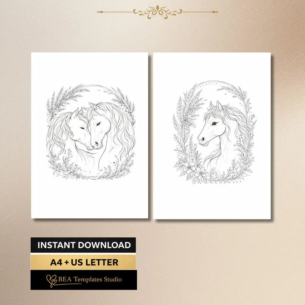 Floral Horse Coloring Pages Printable PDF 6 Elegant Designs for Adults A4 US Letter