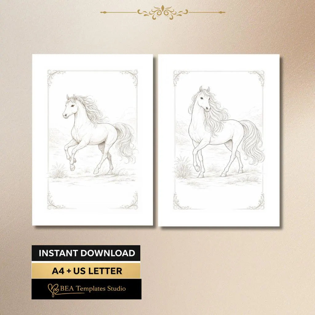 Vintage Horse Coloring Pages Printable PDF 6 Elegant Designs for Adults A4 US Letter