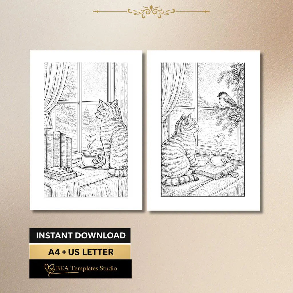 Cozy Cat Coloring Pages Printable PDF 6 Designs for Adults A4 US Letter