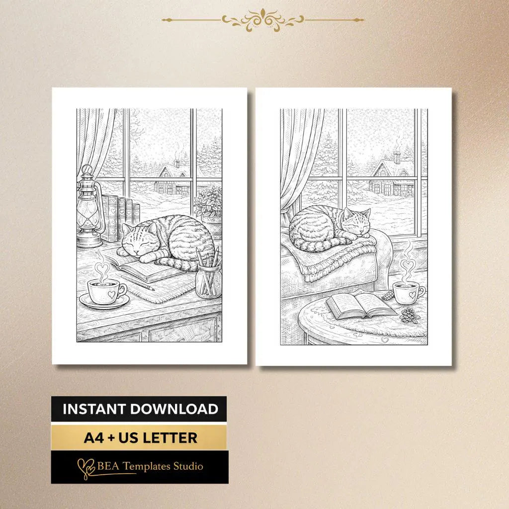 Cozy Cat Coloring Pages Printable PDF 6 Designs for Adults A4 US Letter