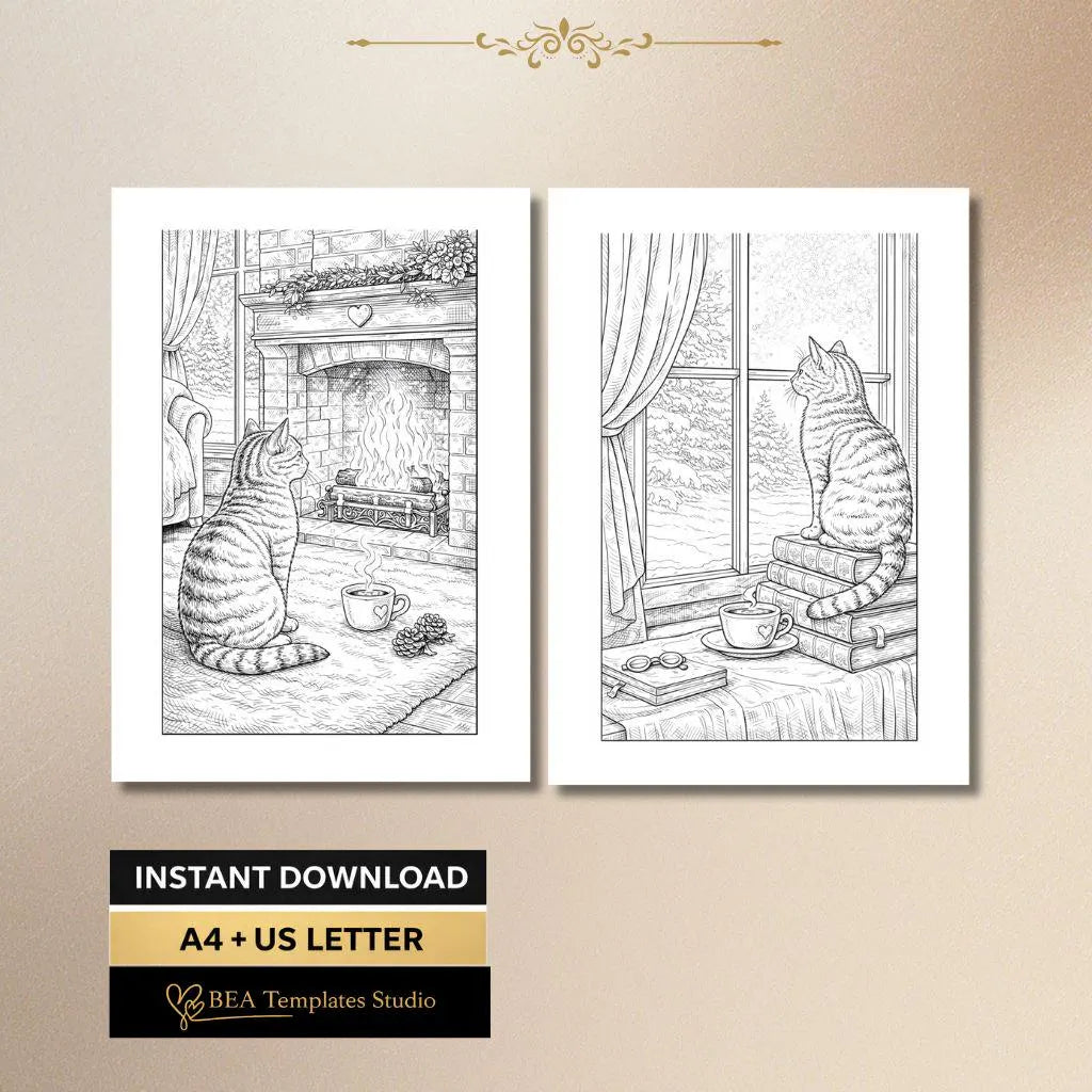 Cozy Cat Coloring Pages Printable PDF 6 Designs for Adults A4 US Letter