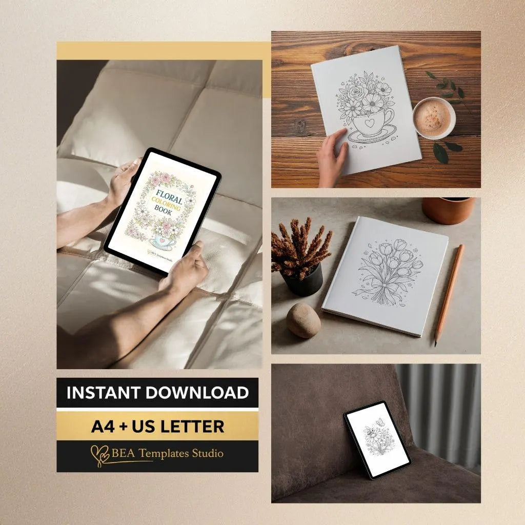 Flower Coloring Pages Printable Floral Coloring Book PDF 15 Designs A4 US Letter