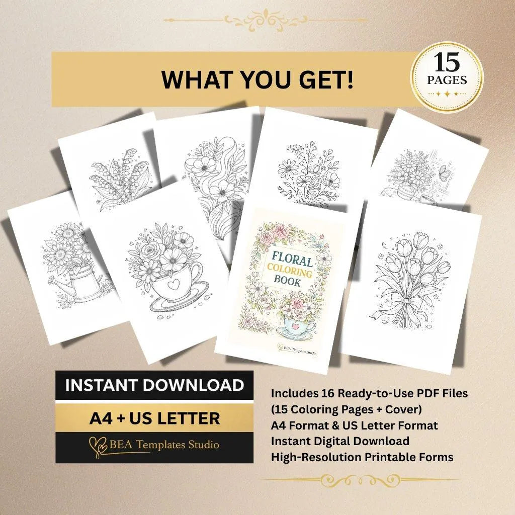 Flower Coloring Pages Printable Floral Coloring Book PDF 15 Designs A4 US Letter