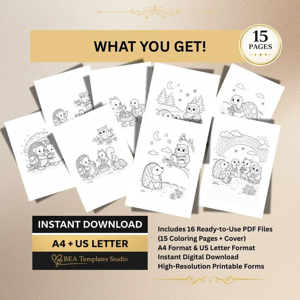 Forest Friends Coloring Pages for Kids: 15 Woodland Animal Designs (Digital Download)
