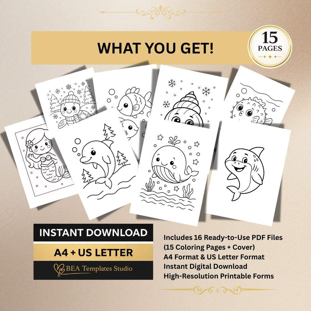 Underwater Animals Coloring Book for Kids 15 Pages Printable PDF