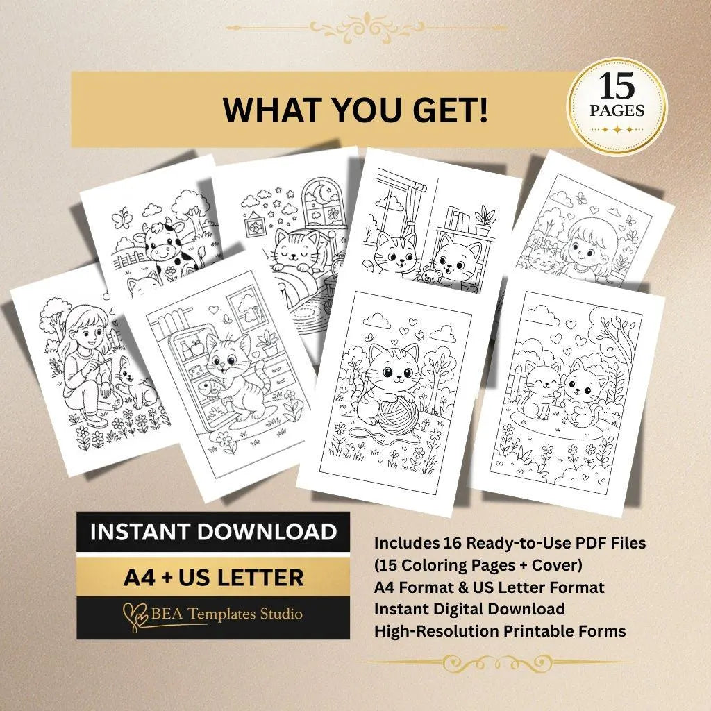 Cat Coloring Book for Kids Ages 6-10, Medium Difficulty Pages (PDF Download)