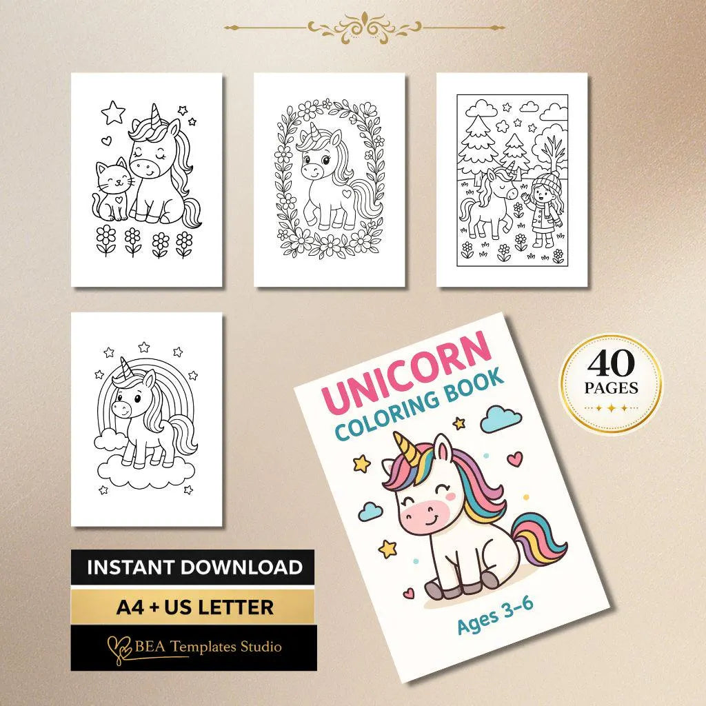 Unicorn Coloring Book for Kids Ages 3–6 – 40 Printable Pages (PDF Download)