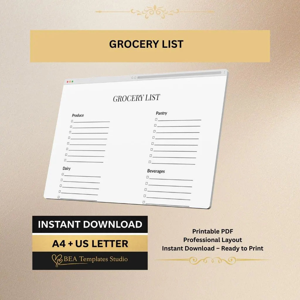 Grocery List Checklist, Weekly Food Planner, Meal Prep Tracker (Digital Download)