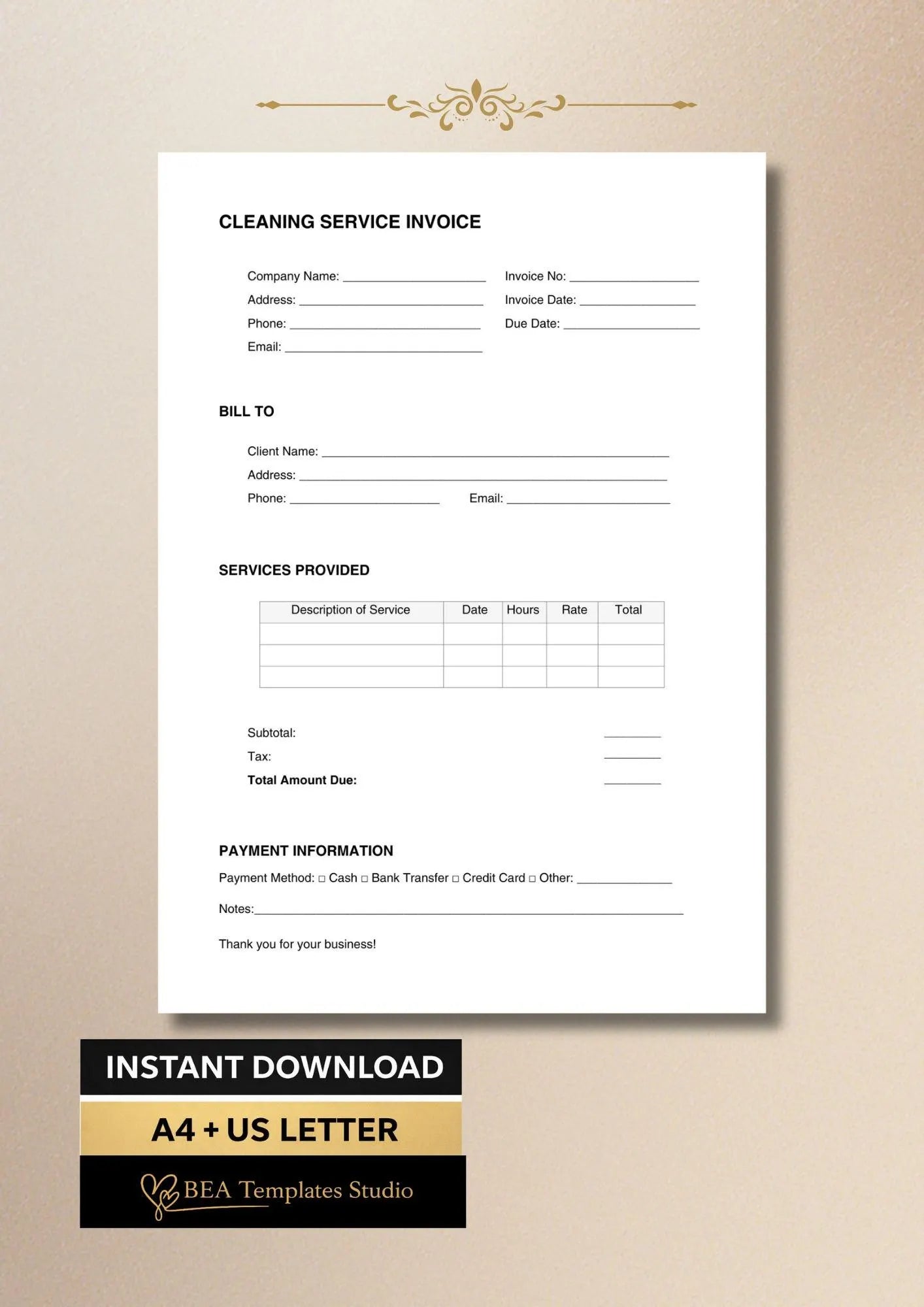 Cleaning Invoice Template Service Billing Form House Office Business Document A4 US Letter
