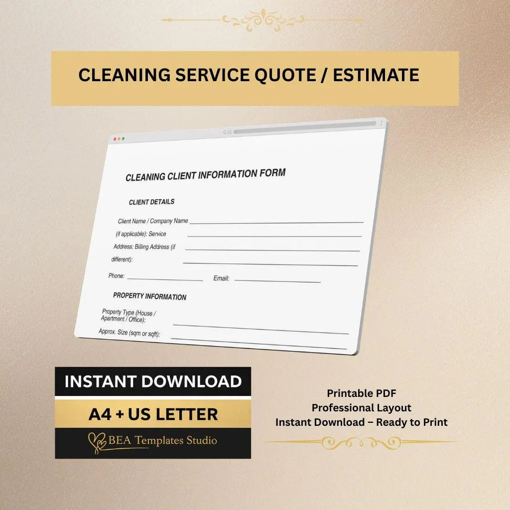 Cleaning Client Intake Form Customer Information Sheet Service Business Template A4 US Letter