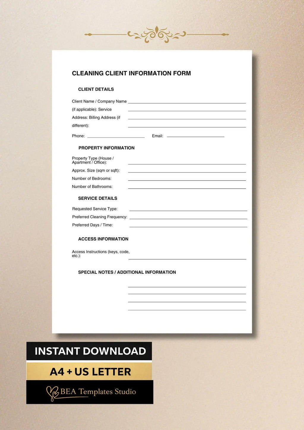 Cleaning Client Intake Form Customer Information Sheet Service Business Template A4 US Letter