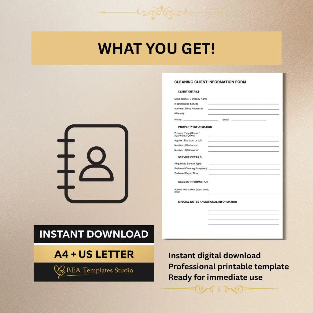 Cleaning Client Intake Form Customer Information Sheet Service Business Template A4 US Letter