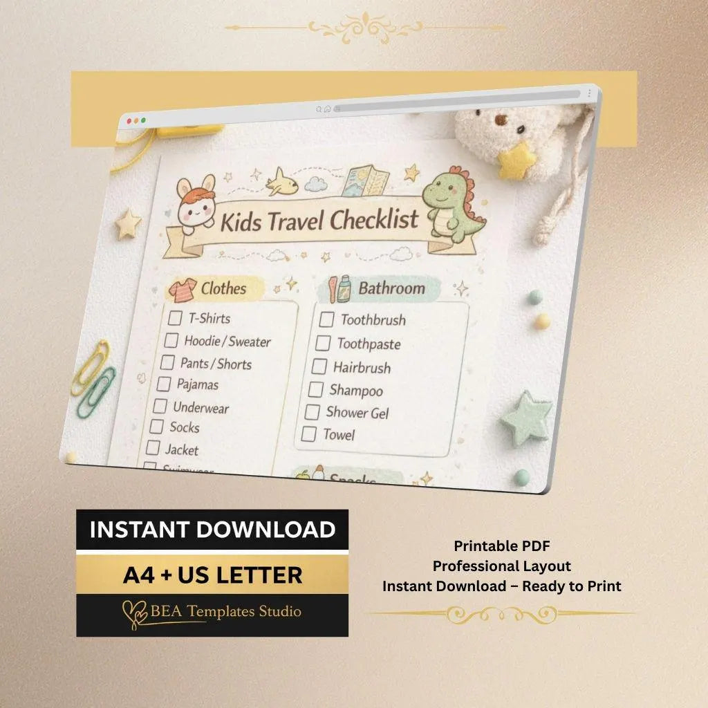 Kids Travel Checklist Packing List Family Vacation Planner Printable PDF A4 US Letter