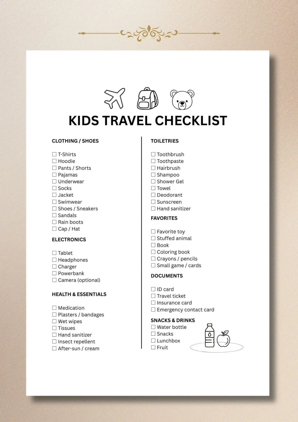 Kids Travel Checklist Packing List Family Vacation Printable PDF A4 US Letter