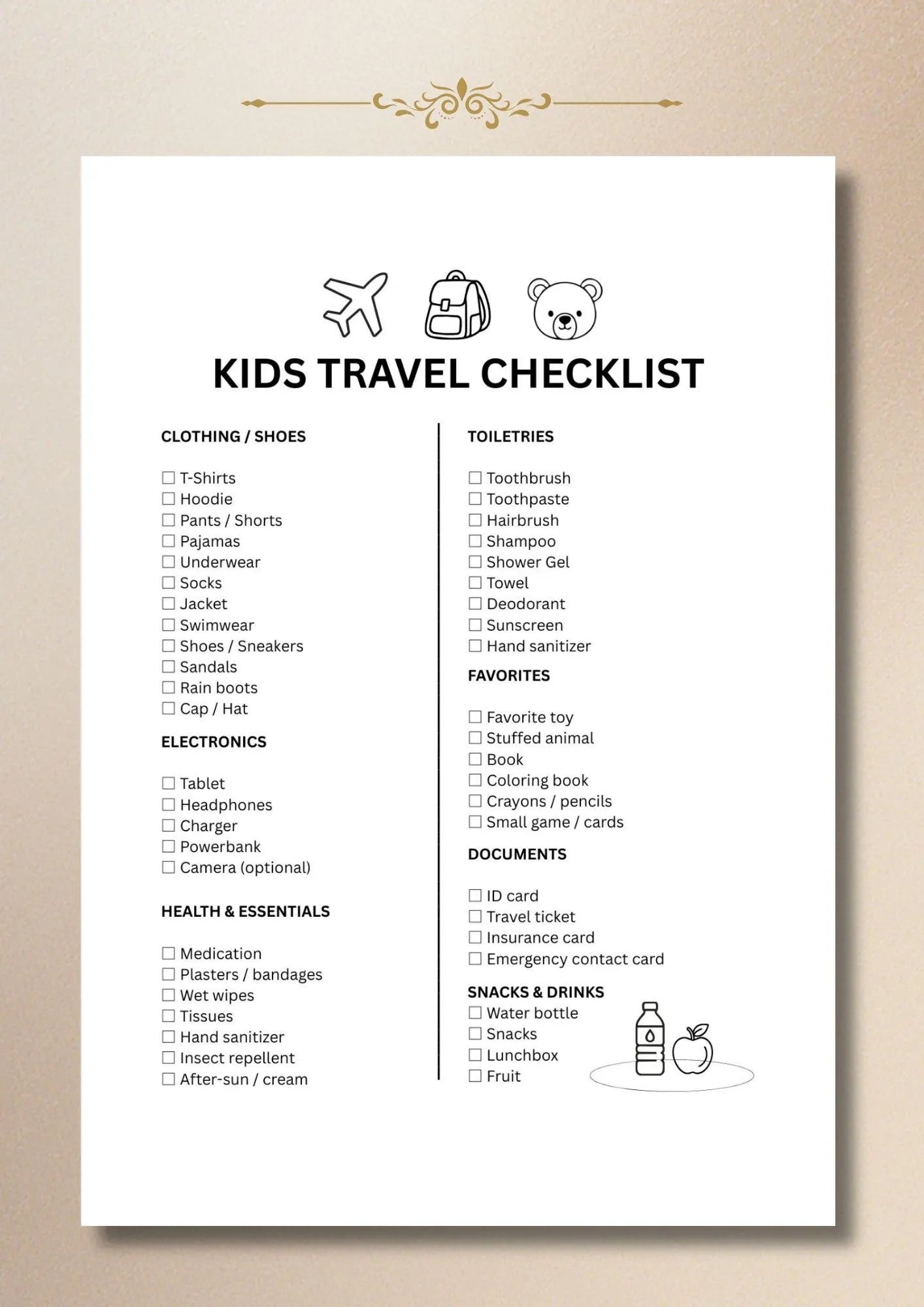 Kids Travel Checklist Packing List Family Vacation Printable PDF A4 US Letter