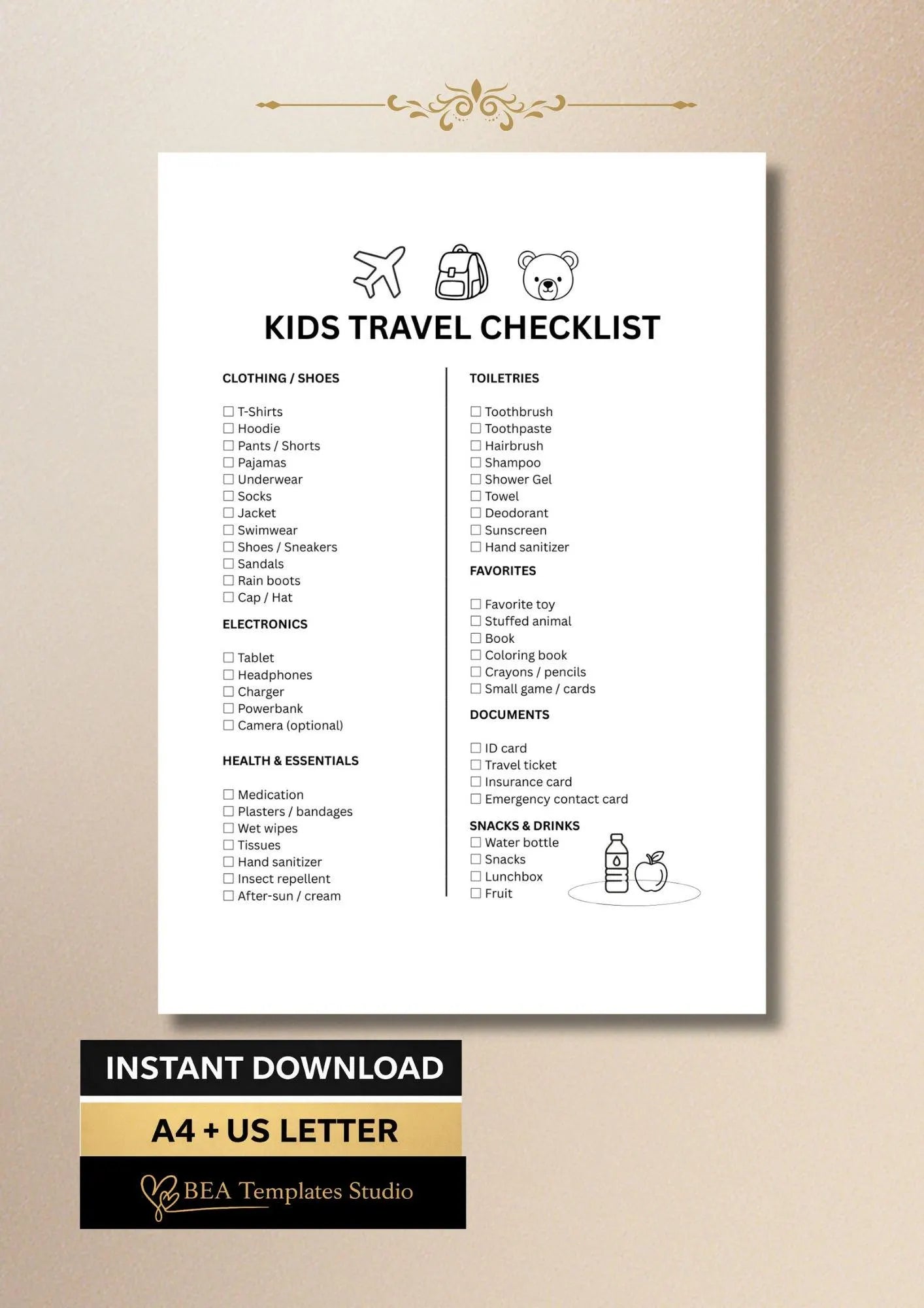 Kids Travel Checklist Packing List Family Vacation Printable PDF A4 US Letter