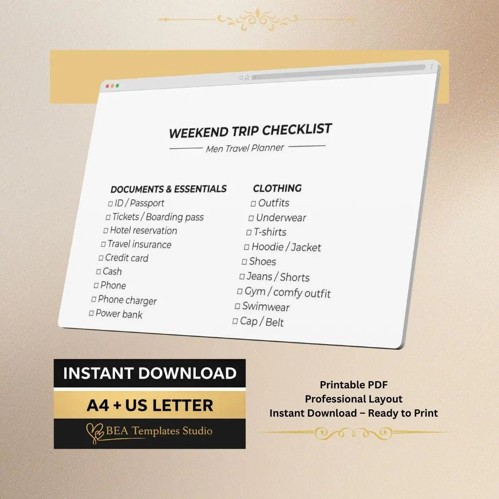 Weekend Trip Checklist for Men, Packing List PDF, Short Travel Planner (A4 US Letter)