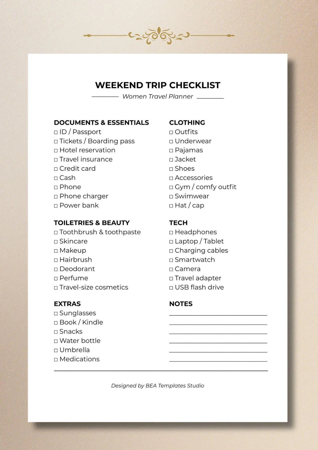 Weekend Trip Checklist for Women, Packing List PDF, Short Travel Planner (A4 US Letter)